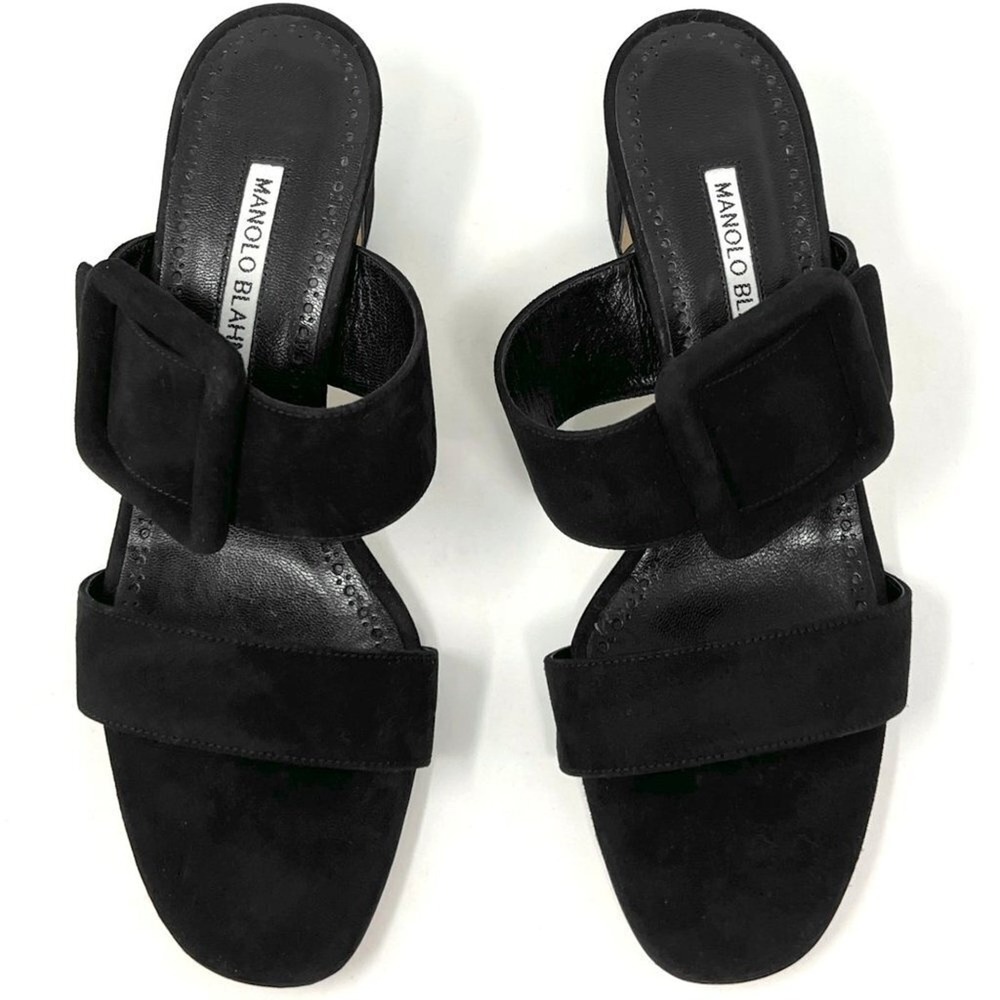Manolo Blahnik Black Suede Buckle Mules Block Heel 50mm 38 - Picture 2 of 10
